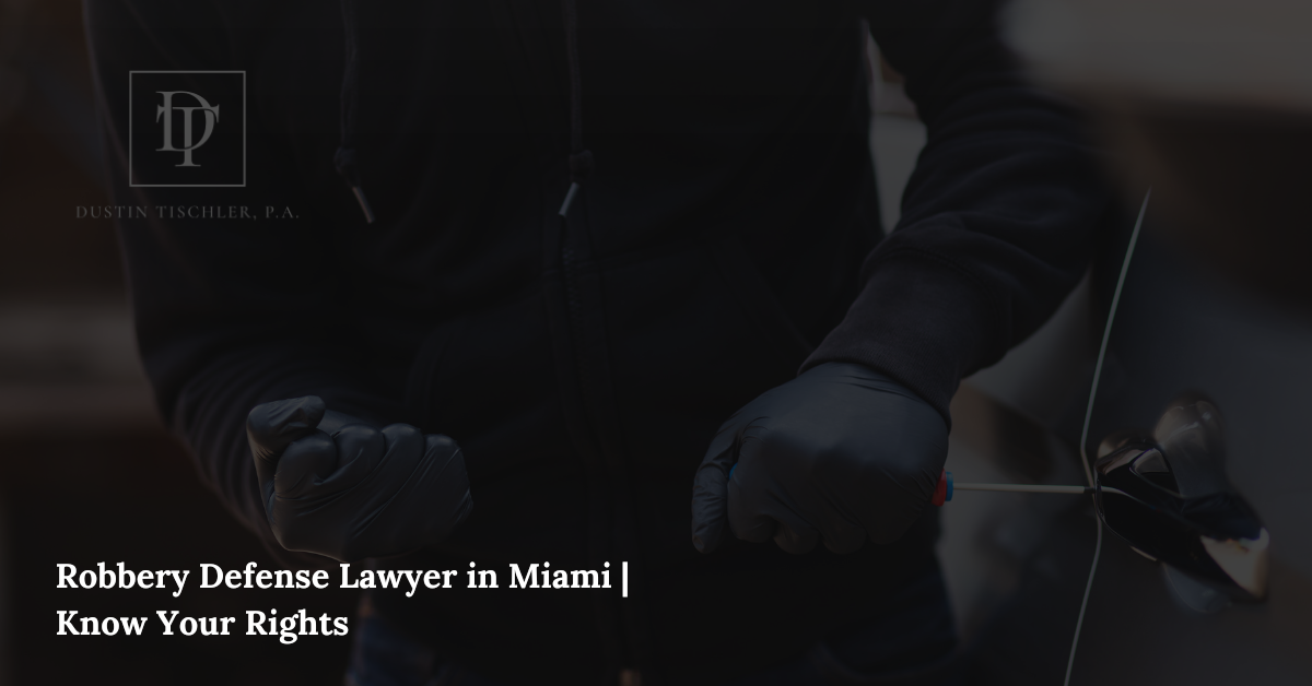 a criminal defense lawyer in Miami representing a client accused of robbery, symbolizing legal protection and courtroom strategy