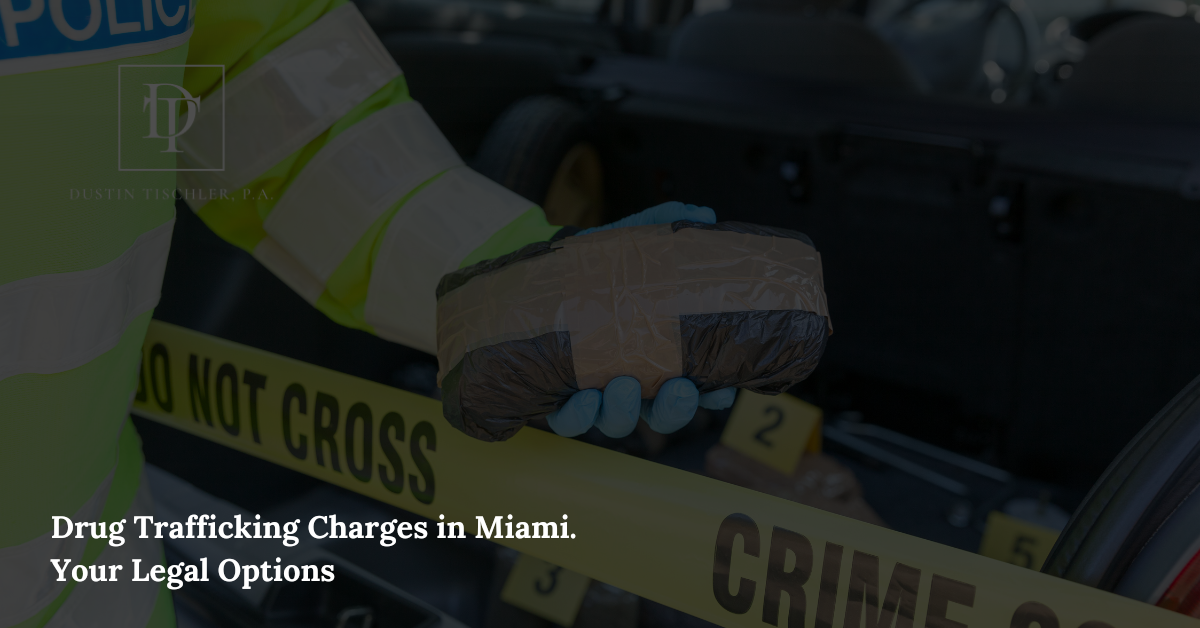 Illustration of a Miami criminal defense attorney representing a client accused of drug trafficking, symbolizing legal protection and justice in Florida courts