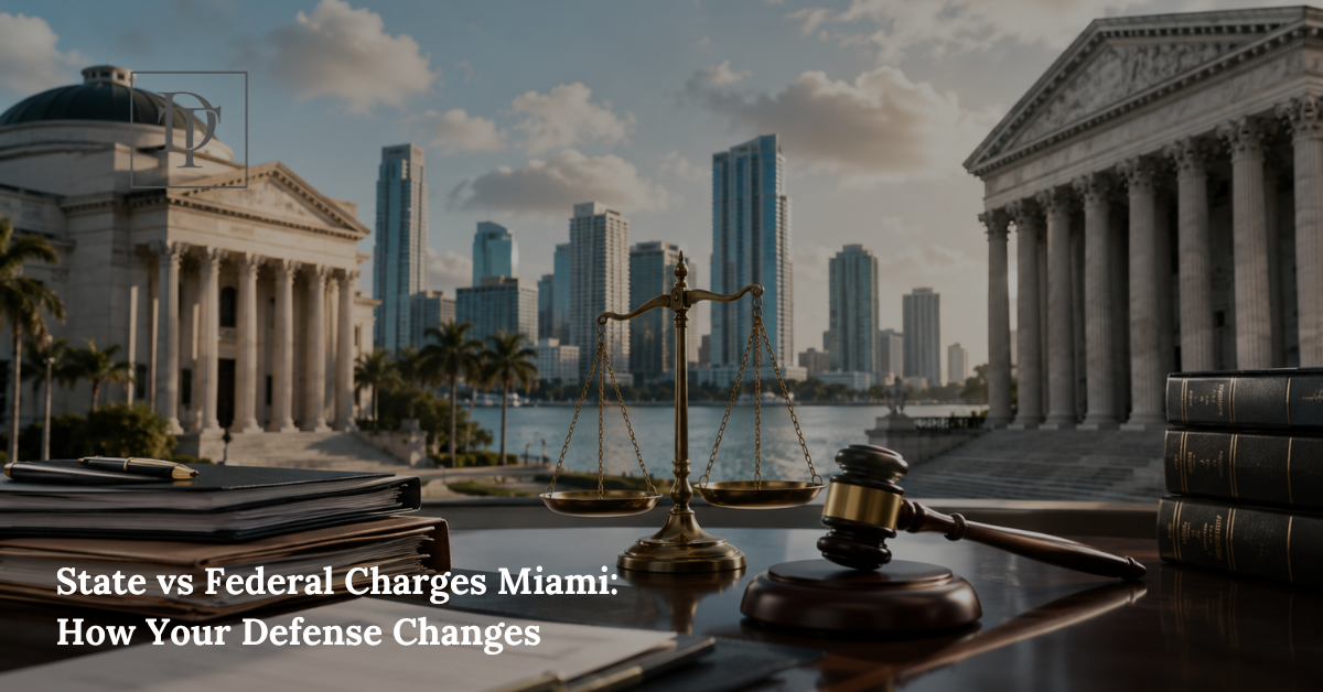 State vs federal charges Miami defense with courthouse documents and criminal case strategy