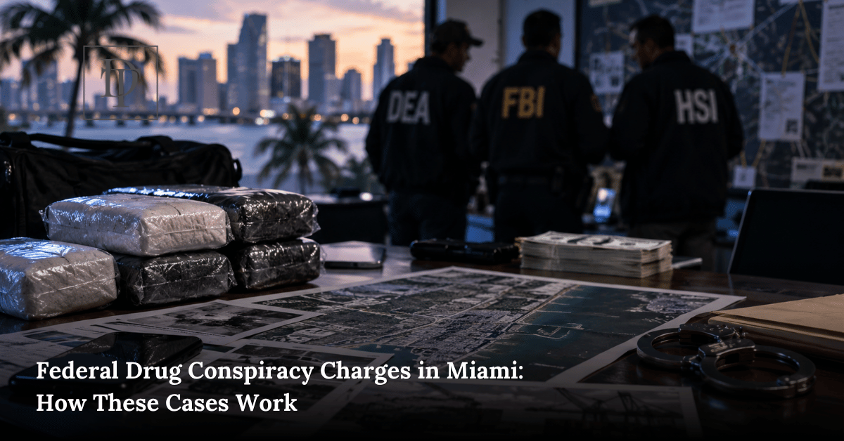 Federal drug conspiracy charges investigation in Miami with federal agents, evidence, cash, and seized packages