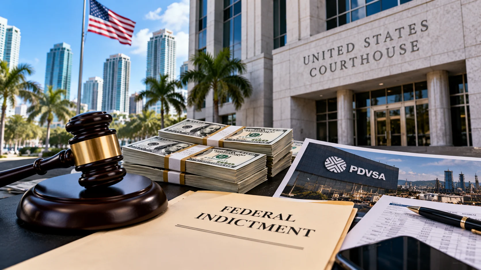 David Rivera money laundering case in Miami represented by federal courthouse, financial records, and PDVSA documents