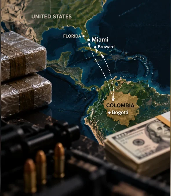 Illustrative map connecting Colombia and Miami in a federal cocaine trafficking investigation