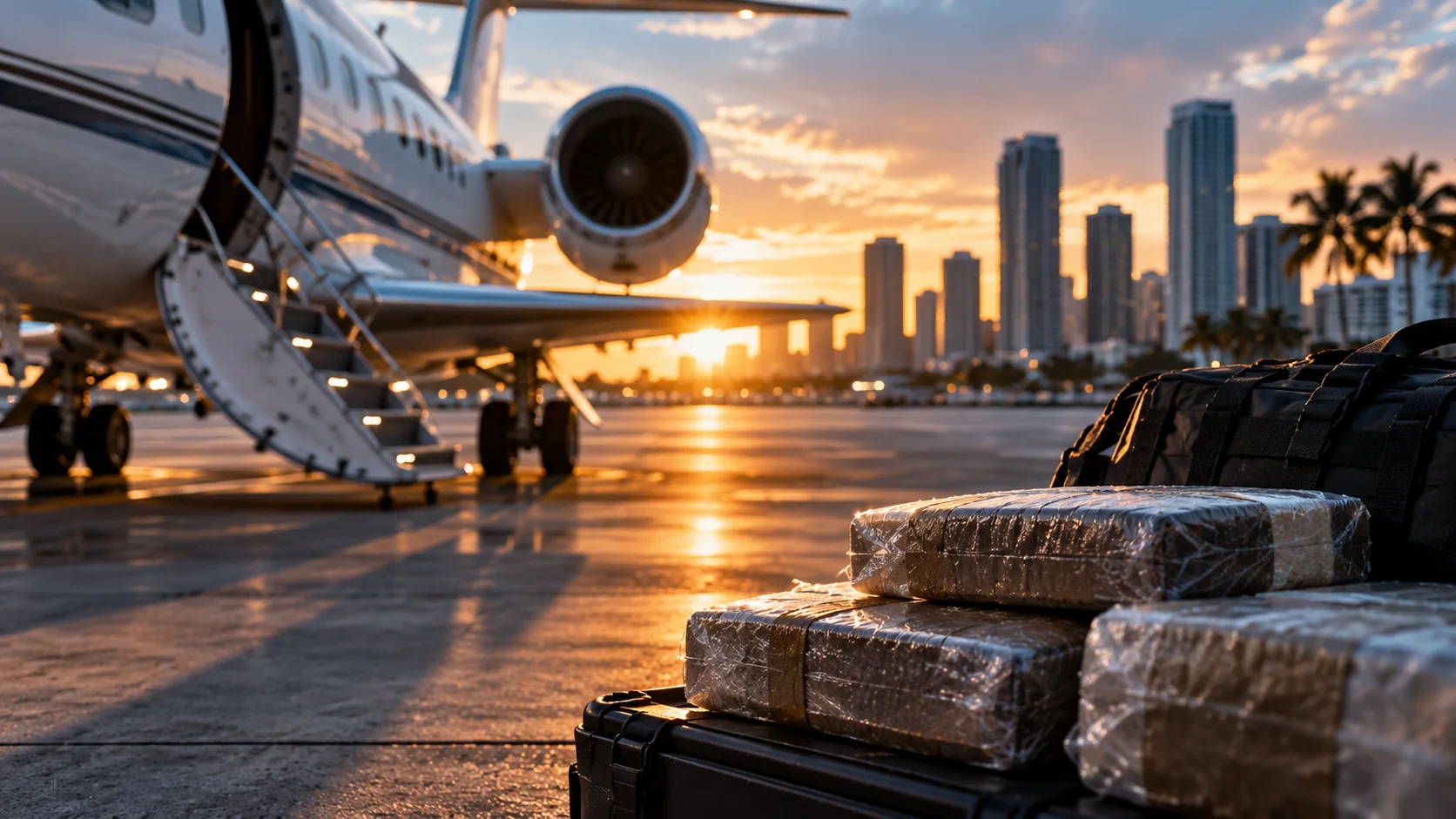 Aircraft and wrapped packages illustrating the FARC leader extradited to Miami over federal cocaine trafficking charges