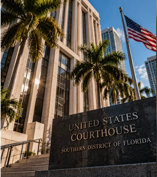 ALT Text: Illustration of a federal courthouse in Miami representing the FARC extradition and cocaine trafficking prosecution