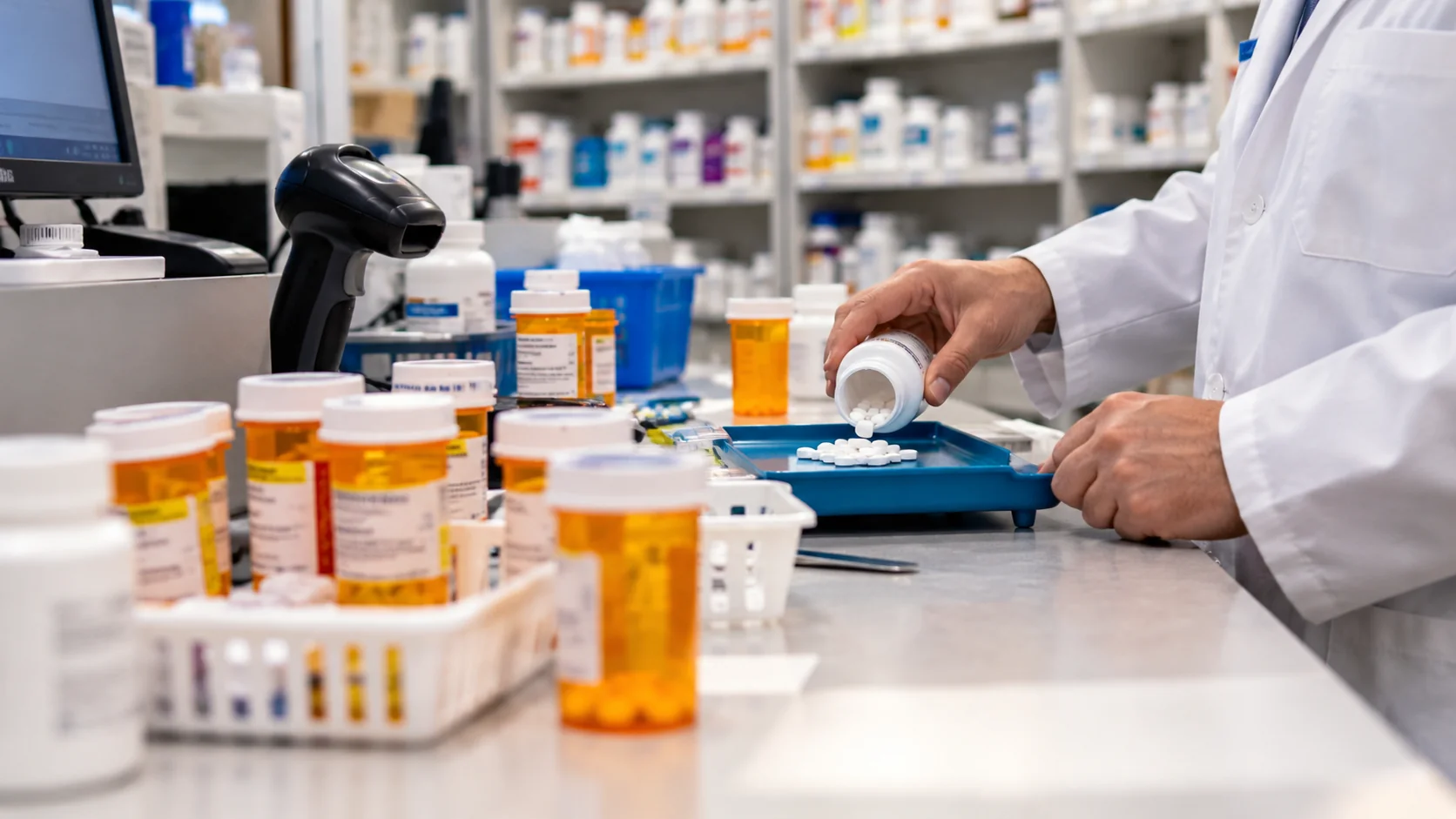 Pharmacist dispensing prescription pills at a pharmacy, illustrating the Miami oxycodone conspiracy involving 87,000 pills